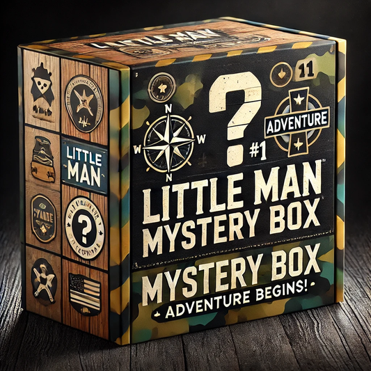 Little Man Mystery Box packed with outdoor gear for young adventurers.