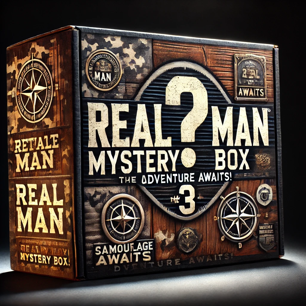 Real Man’s Mystery Box featuring adventure and survival gear set packaging.