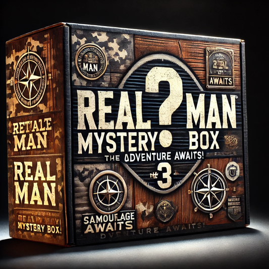 Real Man’s Mystery Box featuring adventure and survival gear set packaging.