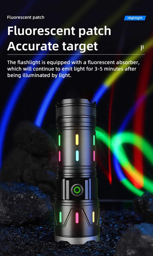 6500Lm Laser LED Glow Tactical Flashlight with fluorescent patches and durable aluminum design.