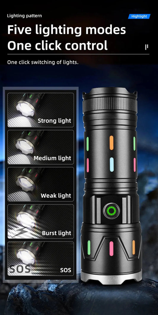 6500Lm Laser LED tactical flashlight with five lighting modes and IPX6 water resistance.