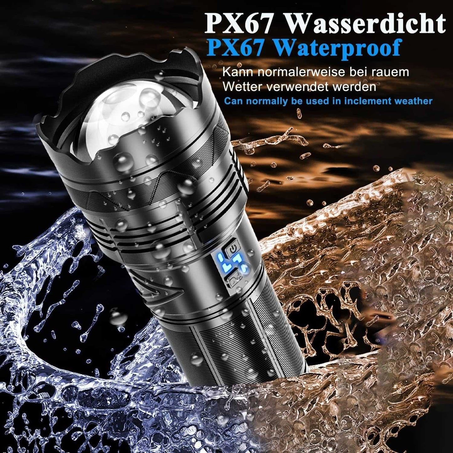 10,000lm Laser LED flashlight with telescopic zoom, PX67 waterproof, ideal for game viewing and camping.