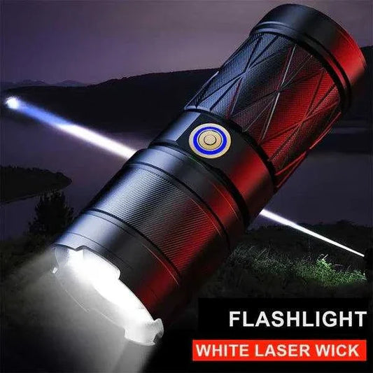 6500lm Laser Led tactical flashlight with Type-C charging, anti-skid design, and wide lens. Ideal for camping and searching.