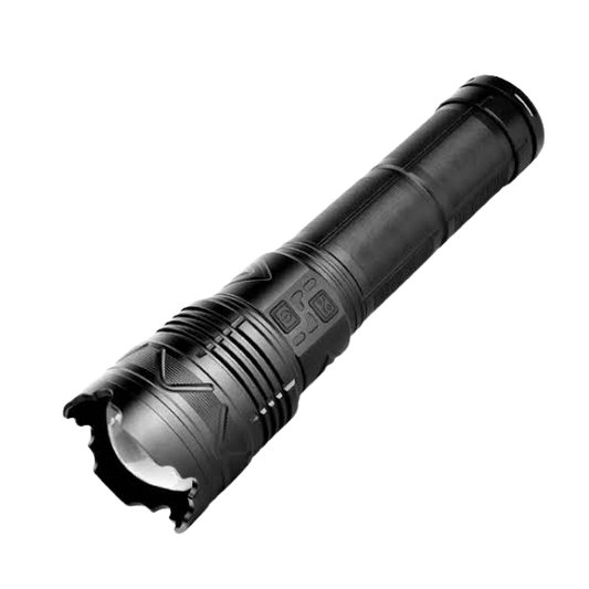 10 000lm Laser LED flashlight with telescopic zoom and 3km range, ideal for game viewing and camping.