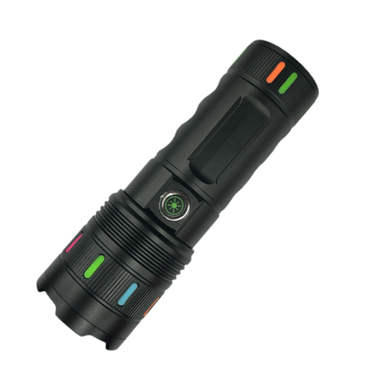 6500Lm Laser Led Glow Tactical Flashlight with durable aluminum body and colorful design.