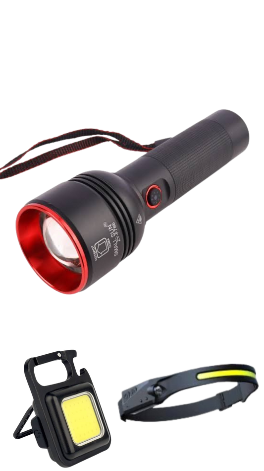 Rechargeable Lighting Combo with LED Zoom Torch, COB Keychain, and Headlamp.