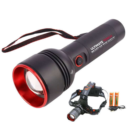 6500lm Laser LED Torch and 3000lm Headlamp combo with batteries, featuring advanced zoom and precision lighting.