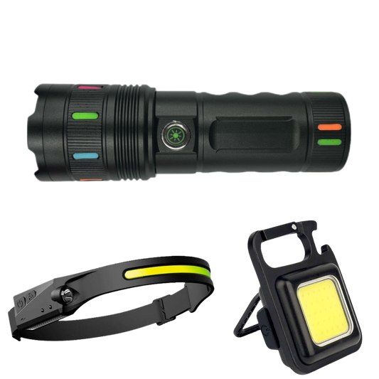 6500lm Glow Laser LED Flashlight, Rubber Band Headlamp, and COB Keychain Light combo for versatile outdoor lighting.