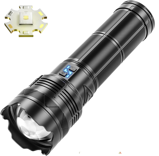 10,000lm Laser LED flashlight with telescopic zoom, aluminum alloy body, USB Type-C charging.
