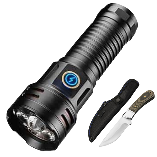 Ultimate EDC Flashlight and Hunting Knife Combo with 6000LM brightness, rechargeable battery, and rugged design.