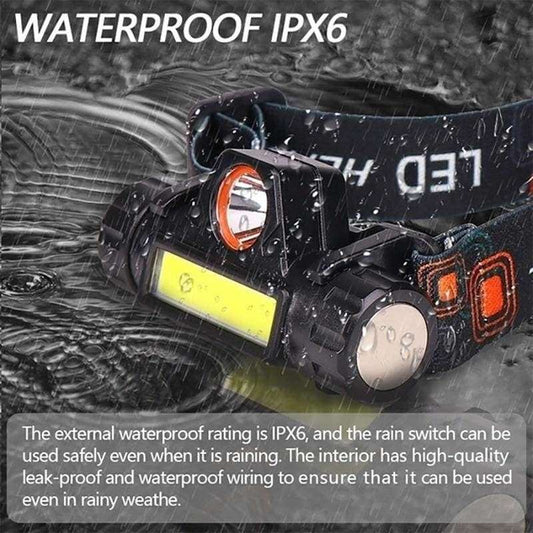 Rechargeable headlamp with 450LM output, adjustable headband, and waterproof design.