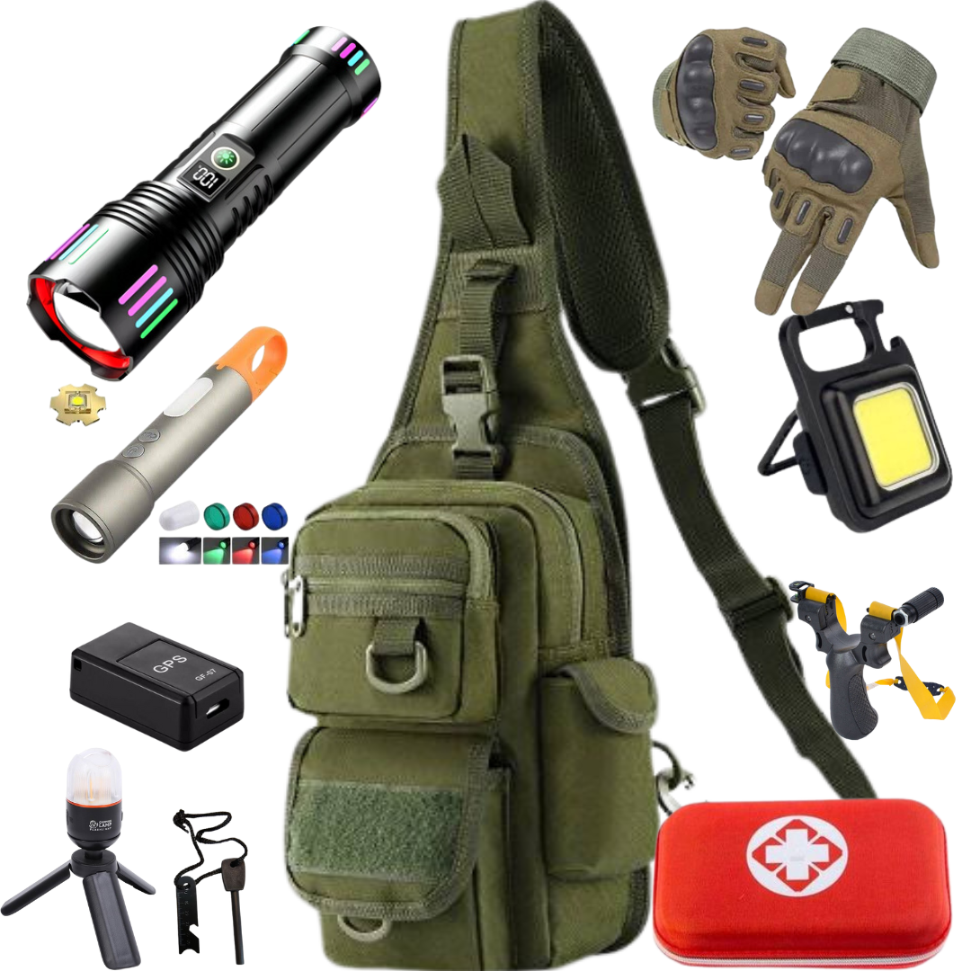 Ultimate Torch Pack with tactical gear, lights, GPS, medical kit, and more for outdoor and survival needs.