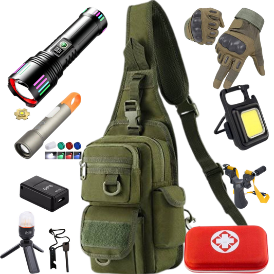 Ultimate Torch Pack with tactical gear, lights, GPS, medical kit, and more for outdoor and survival needs.