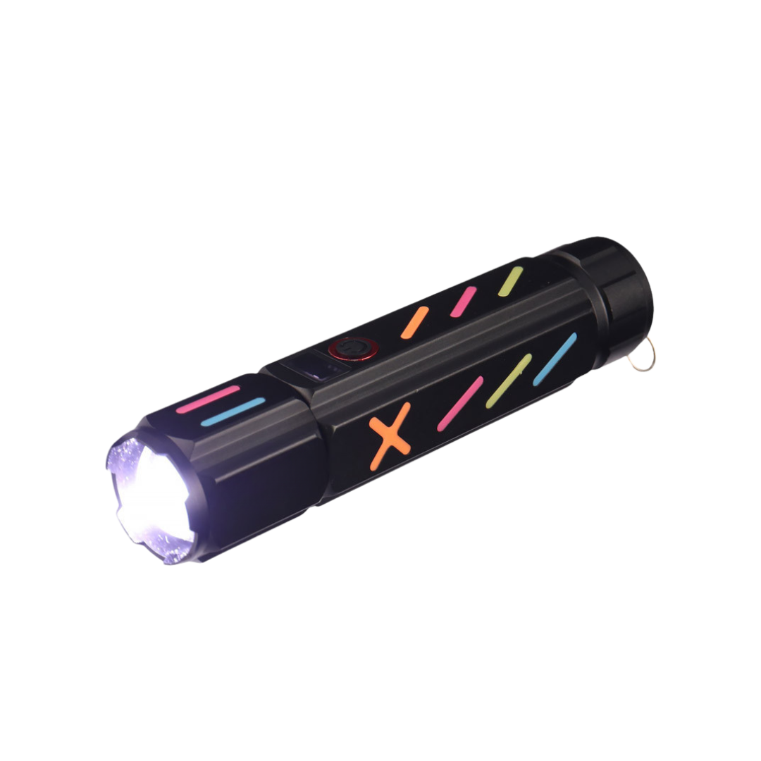 5000lm Tactical Flashlight with intense brightness, zoom function, window breaker tip, and Type-C fast charging.