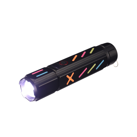 5000lm Tactical Flashlight with intense brightness, zoom function, window breaker tip, and Type-C fast charging.