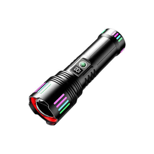 10 000lm Laser LED Glow tactical flashlight with digital display and aluminum alloy body.