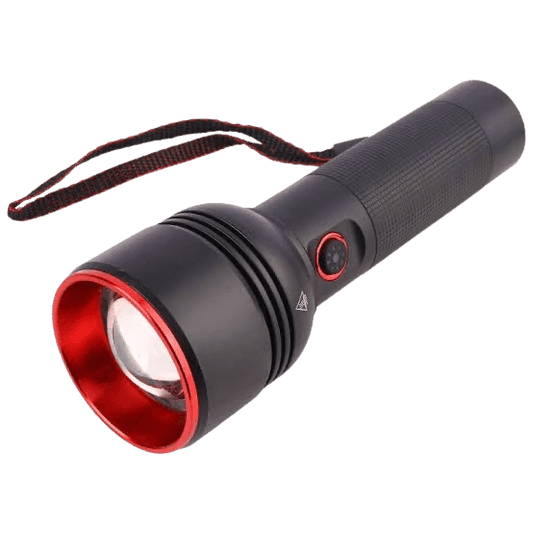 6500LM Laser LED Zoom Flashlight with Type-C USB charging and red lens.