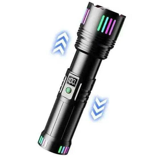 10,000lm Laser LED Flashlight with digital display, aluminum alloy, compact design.